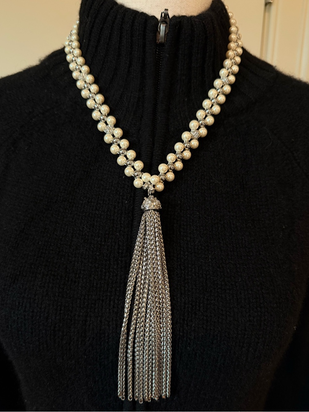 Elegant Pearl and Silver Tassel Necklace - Cream Pearls, Silver Chain Tassel
